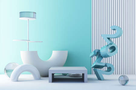 Letters of 2022 in the concept of New Year, blue tones, surrounded by geometric shapes for...