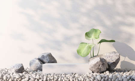 Minimal cosmetic background for product presentation. with stone rock and Cosmetic bottle podium on gray color concrete wall background. 3d render illustration.の写真素材