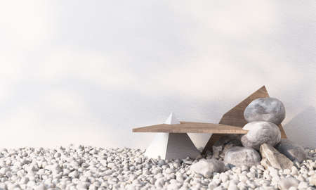 Minimal cosmetic background for product presentation. with stone and wood rock arc geometric form...