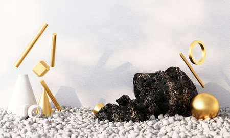 Minimal cosmetic background for product presentation. with stone and black marbler with gold arc...