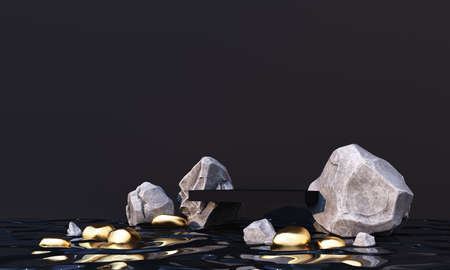 Minimal cosmetic background for product presentation. with stone and black marbler with gold arc geometric form and podium on black water color concrete wall background. 3d render illustration.の写真素材