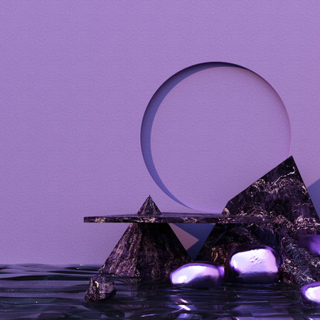 Minimal cosmetic background for product presentation. with stone and black marber with purple metal...