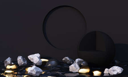 Minimal cosmetic background for product presentation. with stone and black marbler with gold arc geometric form and podium on black water color concrete wall background. 3d render illustration.の写真素材