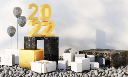 Letters gold texture of 2022 in the concept of New Year, black marble color tones, surrounded by...