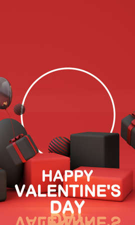 Romantic creative composition. Happy Valentine's Day. Realistic 3d festive decorative objects, heart shaped balloons and love, falling gift box, glitter gold. Holiday banner and poster. 3d renderの写真素材