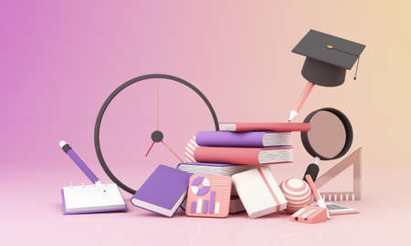 learning concept with time clock surrounded by Graduate cap, open books, balloon, Ruler,statistical...
