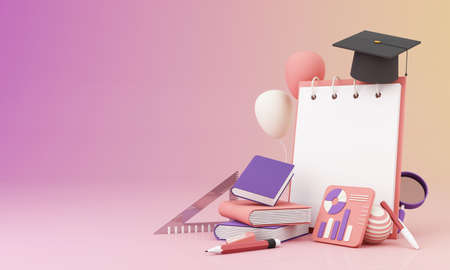 learning concept with white paper on board surrounded by Graduate cap, open books, balloon, Ruler,statistical graph, pencil and magnifying glass on pink and purple background 3d renderの写真素材