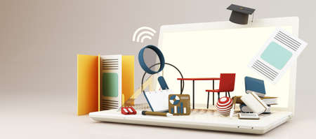 E-learning concept with laptop and wifi symbol surrounded by Graduate cap, open books, balloon,...
