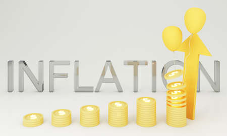 Gold dollar coin with yellow arrow and balloon, INFLATION letters shape in inflation concept. on a...