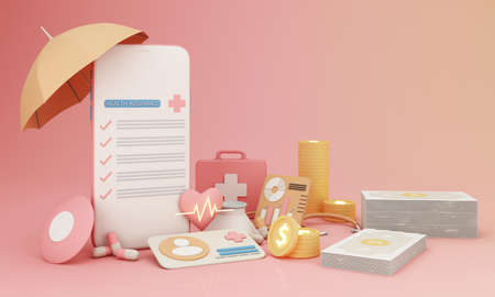 health insurance form surrounded by shields Heart shapes and hatrates and umbrellas and pills. First aid box and vaccine bottle on pastel cream and pink background with money, coins, id card. 3d renderingの写真素材