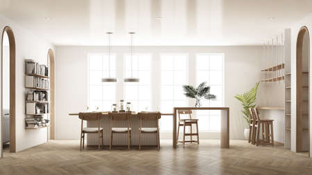 Interior design in minimalist style  using wood material and light gray cloth on parquet floor and...