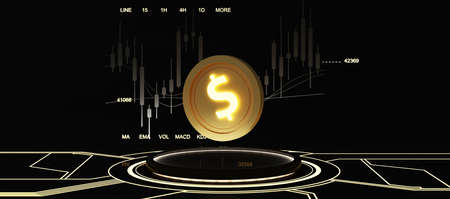 digital currency gold coin on display sticks with hidden lights illuminated on a digital background Black background with glow from the ground and stock chart in the back. 3d renderの写真素材