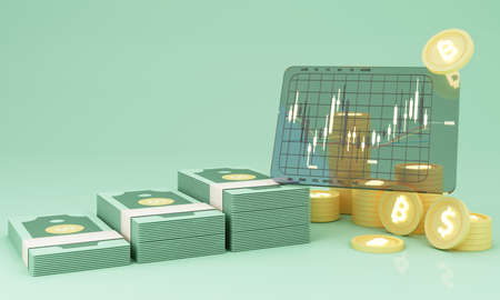 dollar bills and digital currency gold coins It is enclosed around a digital currency chart with...