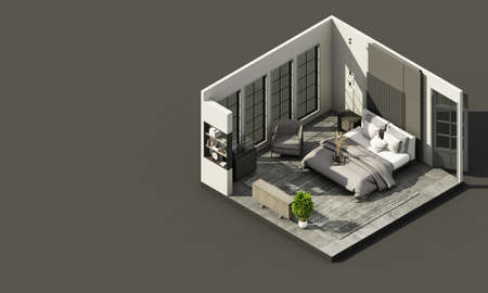 Interior luxury minimalist style in the bedroom using wood material and light gray cloth on concrete...