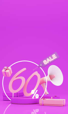 Great discount banner design with SALE 60% text phrase on purple and pink background with gift box,...