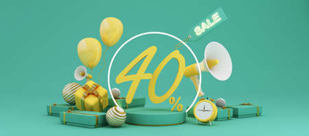 Great discount banner design with SALE 40% text phrase on green and yellow background with gift box, shopping cart bag and alarm clock elements megaphone with product stand 3d renderingの写真素材