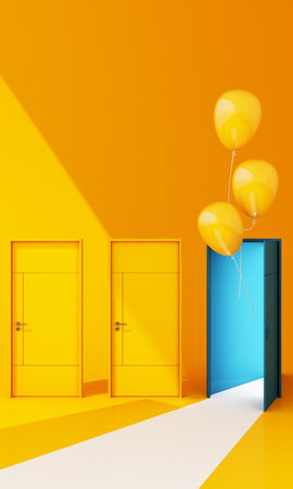 Closed yellow door and open blur door with yellow balloons on blue background with sunlight shade and shadow. 3d render vertical frameの写真素材