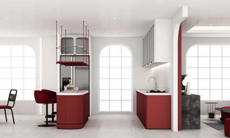 Interior of red color kitchen room with red velvet fabric furniture chair standing on concrete floor...
