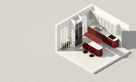 Interior kitchen red color room with red velvet furniture standing on concrete tile floor with feature wall decoration built-in and big windows in modern arc curve trend design 3d render isometricの写真素材