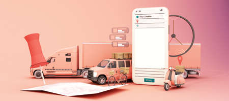 Fast delivery by scooter bike and van with mobile. E-commerce concept. Online food and shopping...