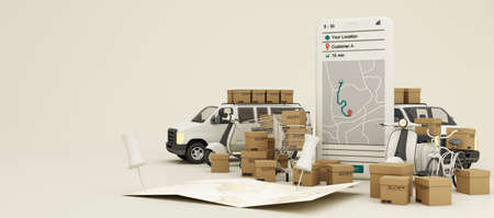 Fast delivery by scooter bike and van with mobile. E-commerce concept. Online food and shopping...