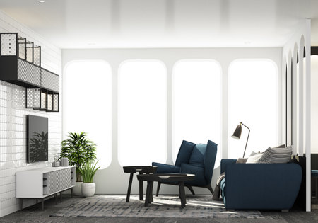 Interior in memphis minimalist style in the living dining  working. using wood material and blue...
