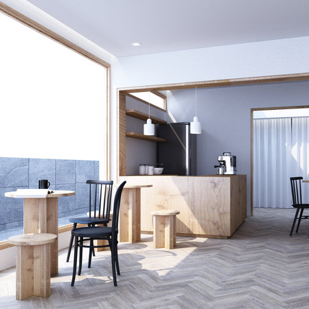 coffee shop minimalist style with wooden materials and gradually white tones. created by animation...