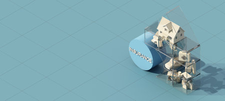 Insurance company client take out complete insurance concept. Assurance and insurance: car, real estate and property, travel, finances, health, family and life. 3d render isometric blueの写真素材