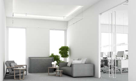 Contemporary spacious office room interior with city view and daylight. Workplace design concept with carpet floor and office furniture meeting room living area and reception hall white. 3D Renderingの写真素材