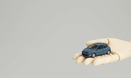 Car protection and safety assurance concept, car insurance web banner design. wooden cartoon hand...
