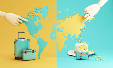 Travel and adventure and departure concept In summer, surrounded by luggage, camera, sunglasses, hat...
