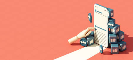 smartphone with blue thumb up like icon bubble cube box and frame message on screen. Social network and mobile device concept. Graphic websites, web banner on pink isometric. 3d rendering illustrationの写真素材