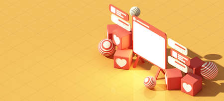 smartphone with heart emoji speech bubble cube box and frame message on screen. Social network and...