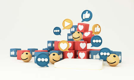 social media post template with online social communication applications concept, emoji, hearts, thumb up icon, and smile face and product stand podium on white background 3d renderingの写真素材
