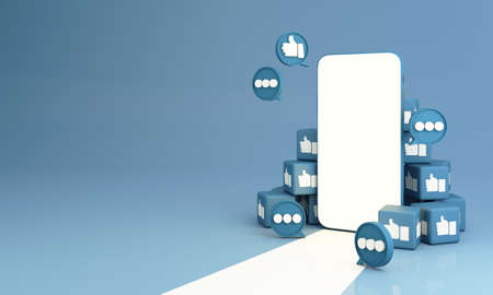 smartphone with blue thumb up like icon bubble cube box and frame message on screen. Social network...
