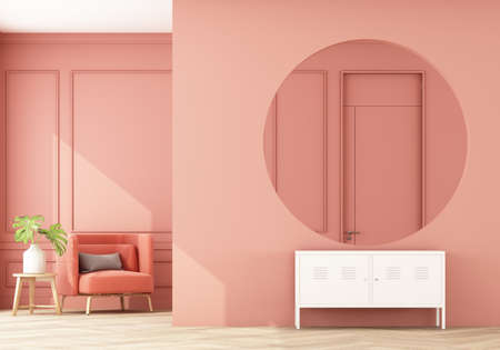 Stylish living pink tone room interior of modern apartment and trendy furniture, armchair on parquet...