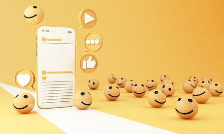 smartphone with smiling face Emojis icon bubble ball shape and frame message on screen. Social...