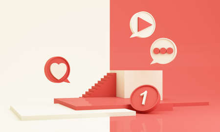 Digital Marketing, notification icon and product stand podium with play, chat message, love icon,...