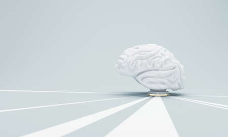 Human brain Anatomical Model power of people, Imagination and knowledge in the concept of education and human physiology with podium stand and with direction isolated on blue background 3d renderingの写真素材