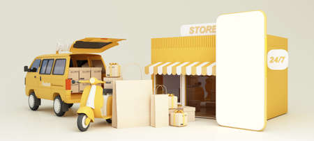 E-commerce concept, Delivery service from front store to home, with mobile phone screen and product packages, gift boxes, shopping bag yellow tone 3d renderingの写真素材