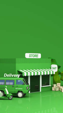 E-commerce concept, Delivery service from front store, Transportation delivery, truck and motorbike scooter and product packages, gift boxes, tree low polygon on green tone 3d renderingの写真素材