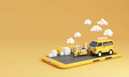 E-commerce concept, Delivery service on mobile application, Transportation delivery, truck and motorbike scooter on the road in smartphone product packages, gift boxes yellow tone 3d renderingの写真素材