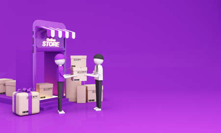 Online delivery service concept, online order tracking, delivery home. via mobile phone front store shop, delivery men delivery parcel cardboard box to customers in purple tone. 3d renderingの写真素材