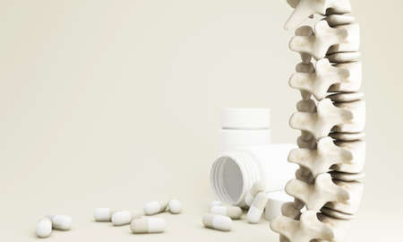 close-up view human spine and bone joints Surrounded by pillboxes and white capsules in the background. in the concept of health and bone health office syndrome and healing isolated on white 3d renderの写真素材