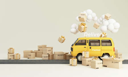 E-commerce concept, Delivery service on mobile application, Transportation delivery and trucks via phone and online messages, product packages, gift boxes, on road yellow tone 3d renderingの写真素材