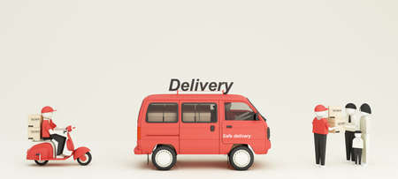 Online delivery service concept, online order tracking, delivery home. Warehouse, van, truck, drone, scooter courier, delivery man in respiratory mask delivery to customers in red tone. 3d renderingの写真素材