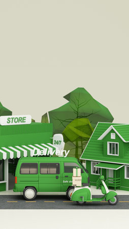 E-commerce concept, Delivery service from front store to home, Transportation delivery, truck and motorbike scooter and product packages, gift boxes, tree low polygon green tone 3d renderingの写真素材