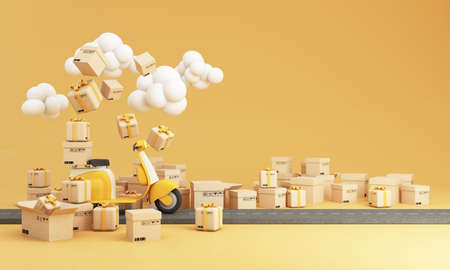 E-commerce concept, Delivery service on mobile application, Transportation delivery by scooter motorbike via phone and online messages, product packages, gift boxes, on road yellow tone 3d renderingの写真素材