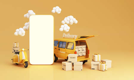 E-commerce concept, Delivery service on mobile application, Transportation delivery , truck and motorbike scooter with phone screen and product packages, gift boxes yellow tone 3d renderingの写真素材