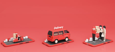 Online delivery service concept, online order tracking, delivery home. van, truck, scooter courier, delivery man in respiratory mask delivery to customers on phone screen in red tone. 3d renderingの写真素材